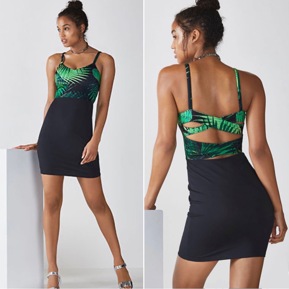 NEW Fabletics Malinidi Dress Built In Bra Palm Colorblock Bodycon Black Green S